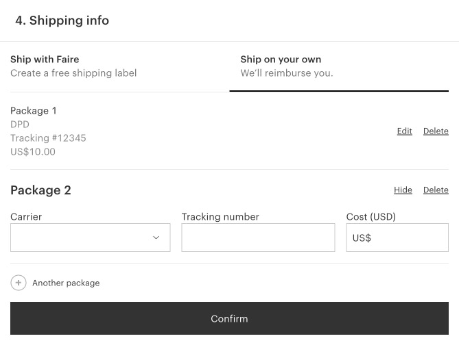 Fiare fulfillment page with Ship with Faire and Ship on Your Own options.