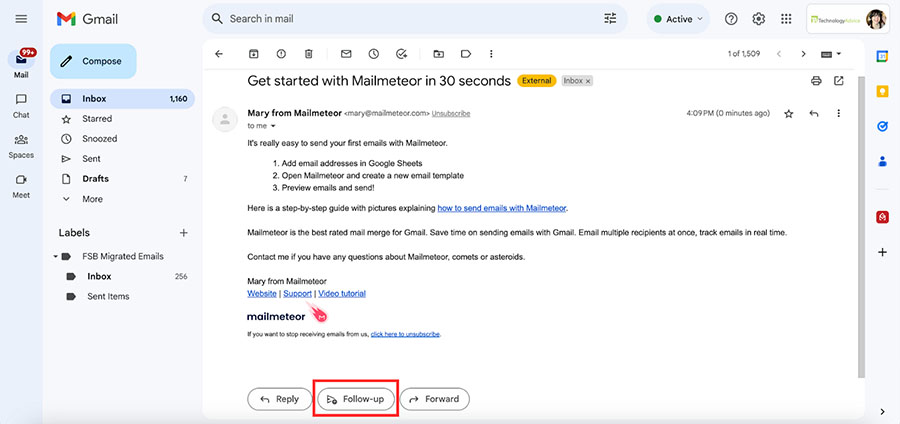 Gmail followup button with Mailmeteor add-on.