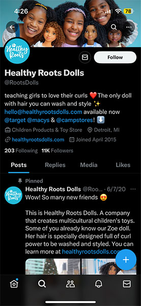 Twitter profile of toy brand Healthy Roots Dolls.