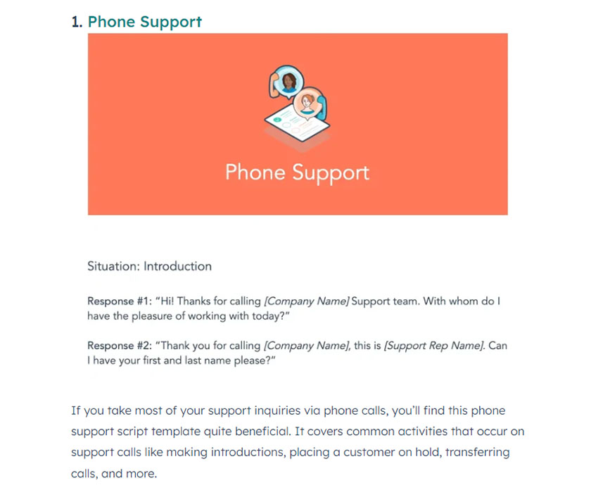 HubSpot phone support sample script.