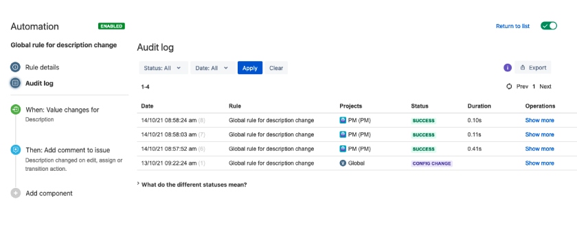 Jira audit log with rules, projects, and status updates.