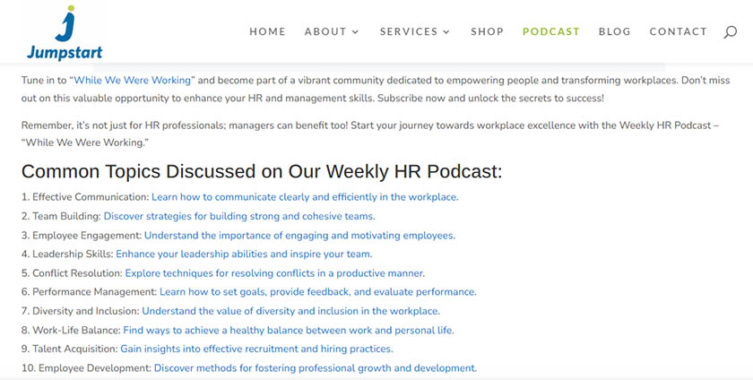 A screenshot showing Jumpstart HR's podcast topics.