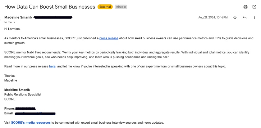 Real-life business email introducing small business mentoring services on a press release.