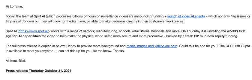 Real-life email example introducing an AI product on a press release.