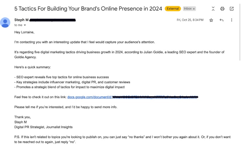Real-life email sample introducing tactics to build a brand's online presence.