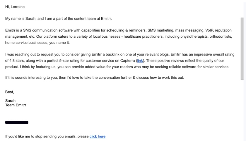 Real-life introduction email showing a backlink request.