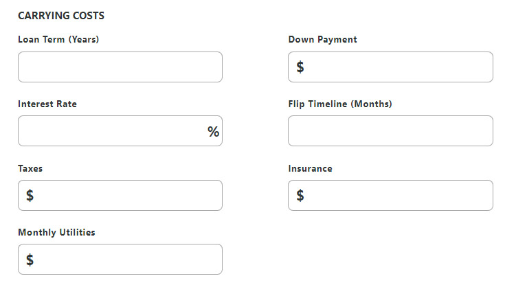 Rental property calculator inputs under carrying costs.