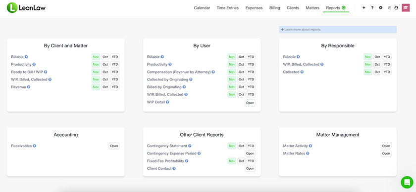 Reporting page showing different kinds of reports you can create in LeanLaw.