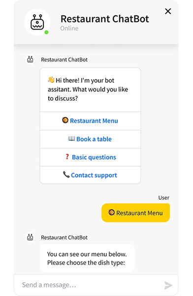 Restaurant chatbot conversation on a smartphone screen.