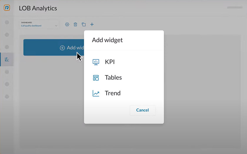 RingCentral analytics with an option to add a KPI, table, or trend widgets on a customized dashboard.