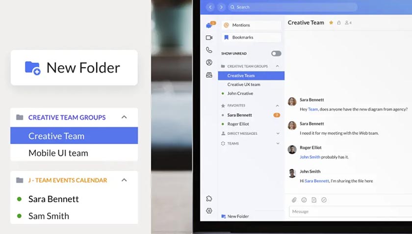 A screenshot of RingCentral team chat and a close up image of personal folders.