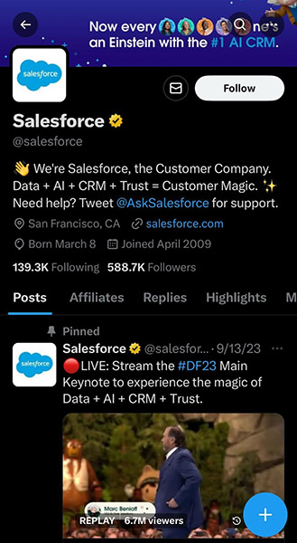 Twitter profile of B2B platform Salesforce.