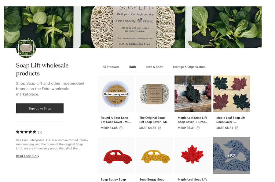Soaplift Faire shop page with leafy cover image and sponges for sale.
