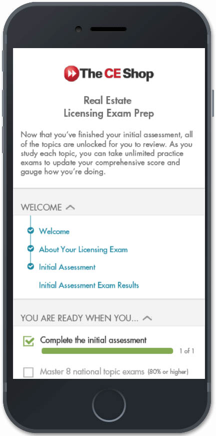 The CE Shop exam prep app dashboard on a mobile device.