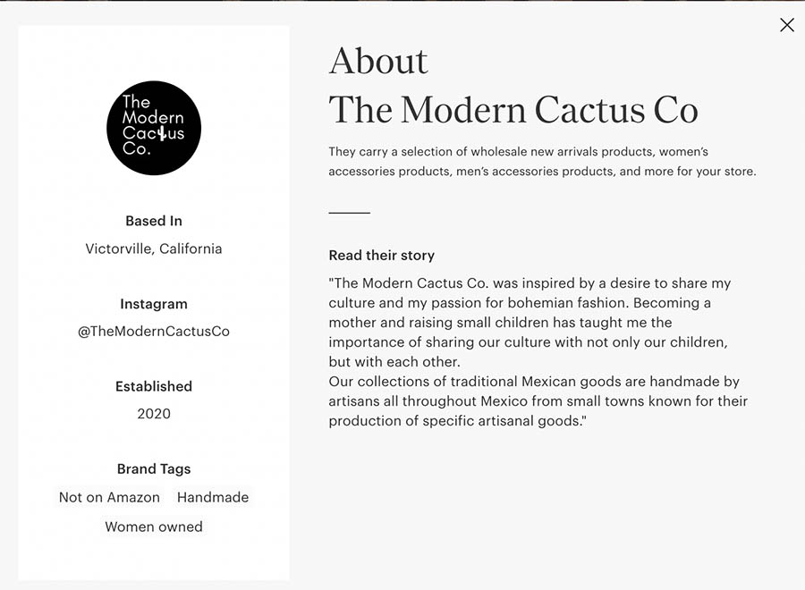 The Modern Cactus Faire brand story page with contact info and a brand story.