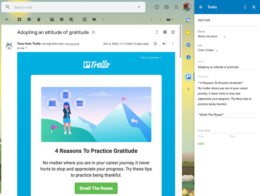 Trello add-on on Gmail with card creator.
