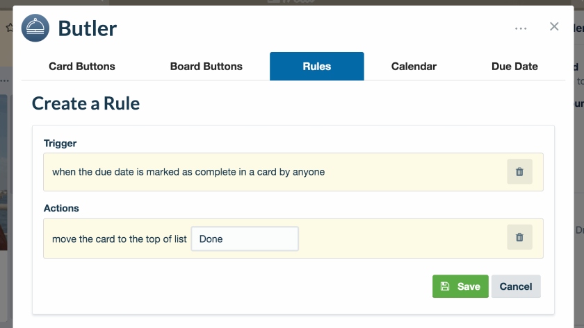 Screenshot of Trello's Butler rule with custom fields.