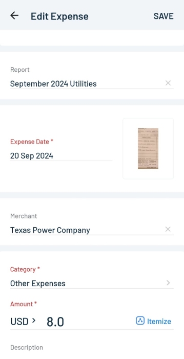 Screen where you can edit an expense entry through the Zoho Expense mobile app.