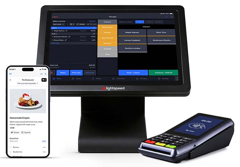 A tablet, smartphone, and mobile credit card reader for a restaurant POS system.
