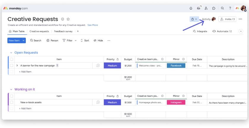 monday.com dashboard highlighting how to view the activity log.
