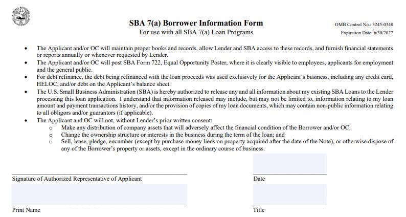 A screenshot of the Signature page of SBA Form 1919