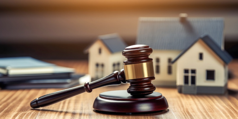 Gavel in front of a model of a home.