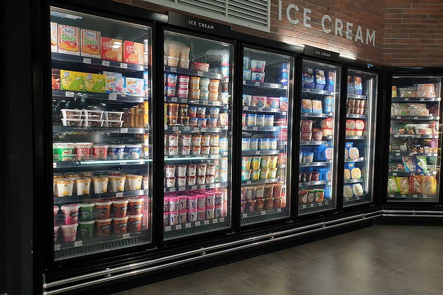 Ice cream freezer in a grocery store.