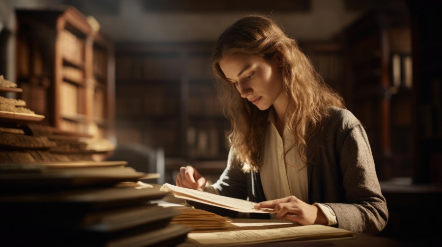 Woman looking through library archives.