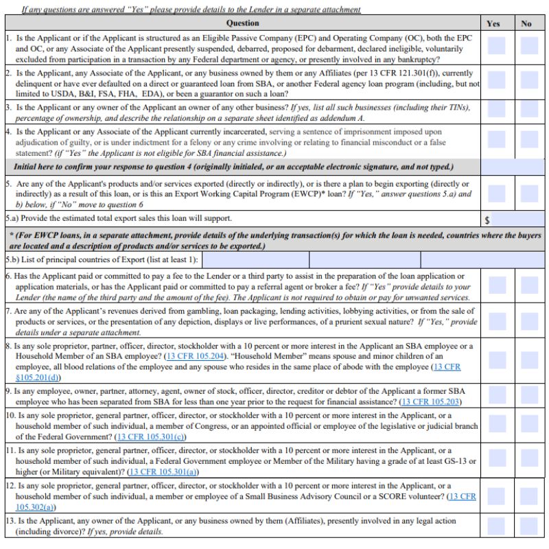 A screenshot of Table of Yes/No questions on page 2 of SBA Form 1919.