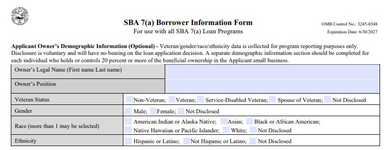 A screenshot of Top half of page 2 of SBA Form 1919.