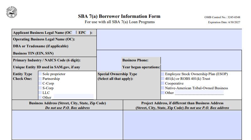 A screenshot of the Top section of page 1 of SBA Form 1919.