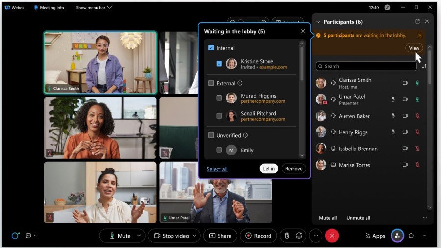 Webex video call with waiting room features.