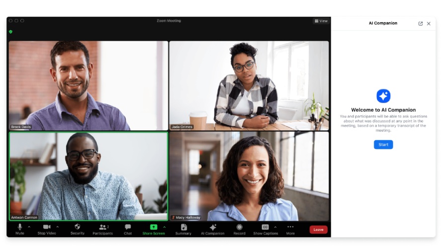 Four-person Zoom video conference call with AI companion features.