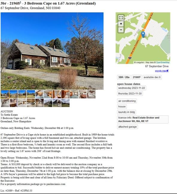 Screenshot of a Craigslist property auction.