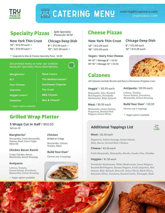 TRU Pizza Co catering menu