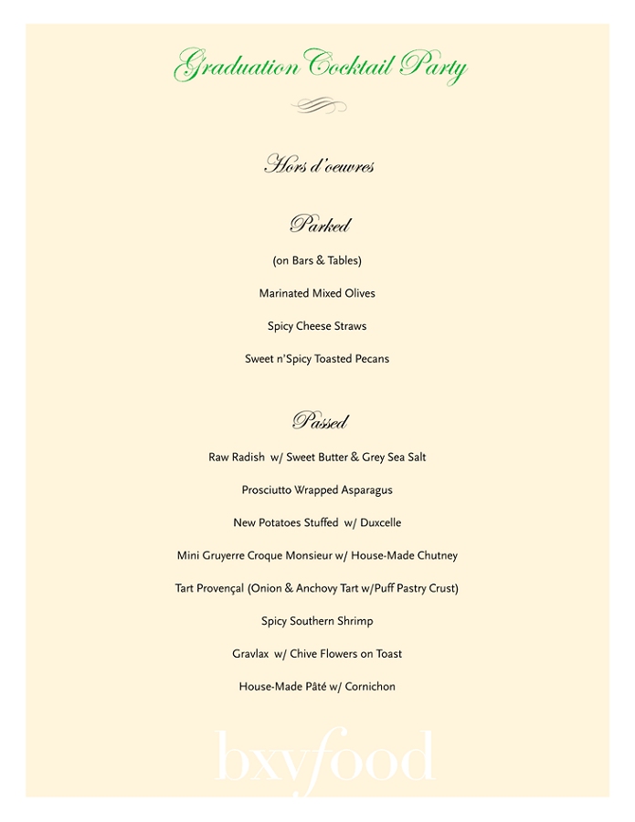 Cocktail party catering menu sample