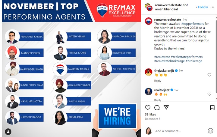 Instagram post from RE/MAX about top performing agents at the brokerage.