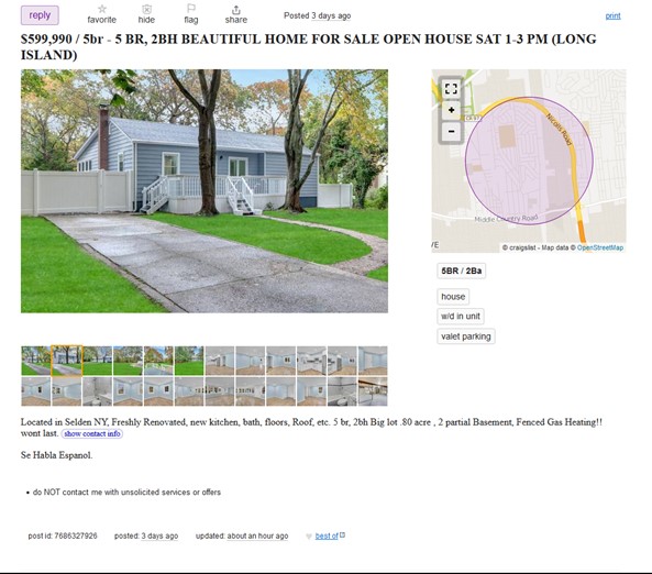 Screenshot of a home for sale on Craigslist in NY.