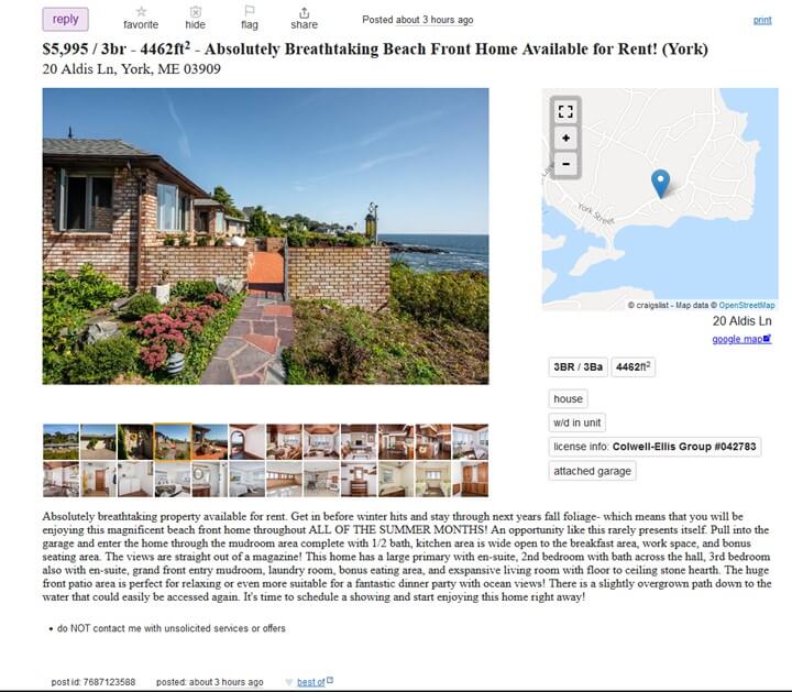 Screenshot of real estate listing on Craigslist.