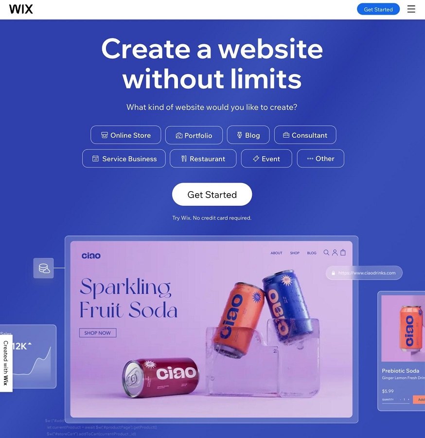 Wix’s website homepage.