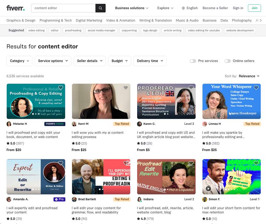 Search results page for content editor on Fiverr.