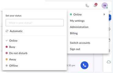 Nextiva team availability settings with options for online, busy, DND, away, and offline