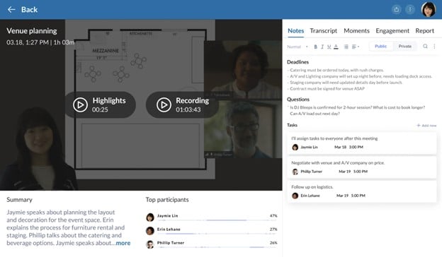 A screenshot of how RingCentral meeting insights capture key meeting information