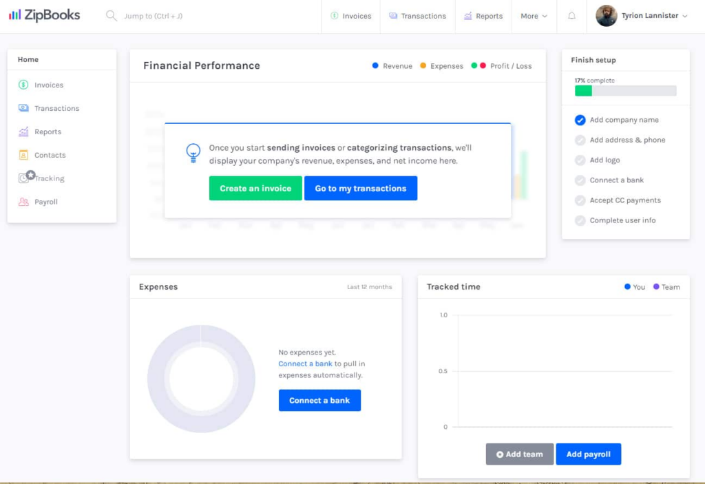 ZipBooks dashboard