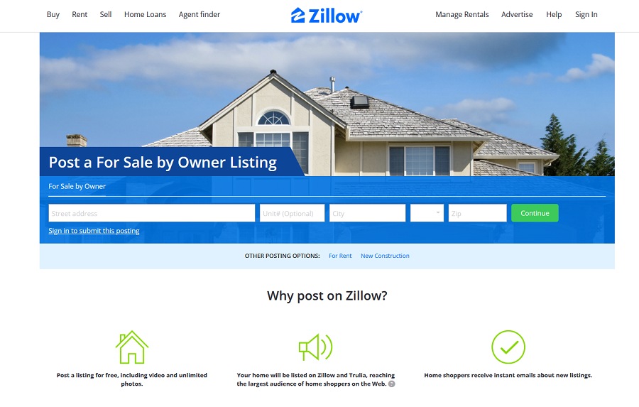 The For Sale By Owner posting page on Zillow.