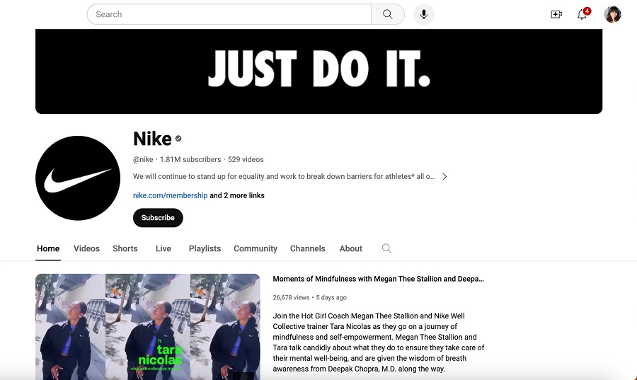 Screenshot of Nike Youtube channel.