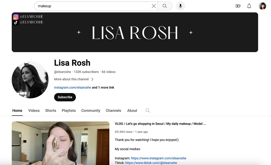 Screenshot of personal Youtube channel of influencers.