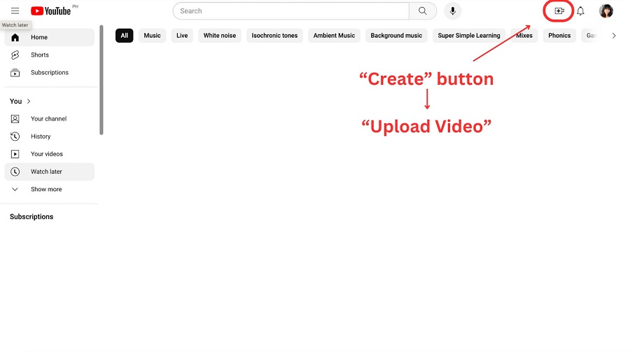 Screenshot for instruction of create/upload videos on Youtube.