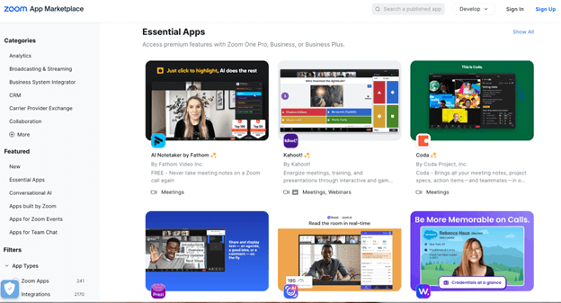 Zoom App Marketplace with an extensive list third-party app inventory