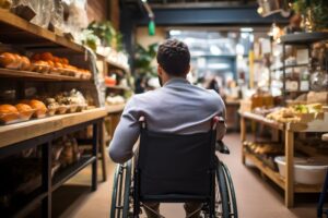 Disabled man from behind in a wheelchair lives a daily life and is shopping at the market.